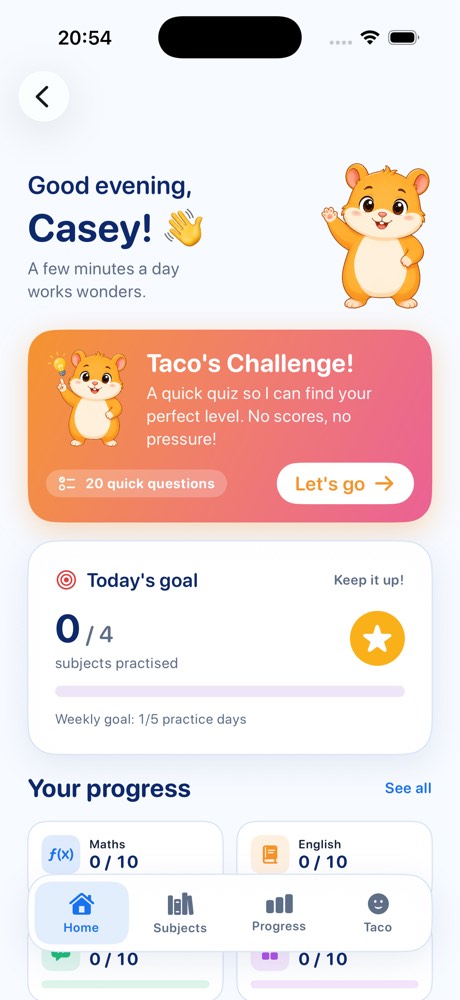 Taco's Challenge card on the child's home screen offering 20 quick questions