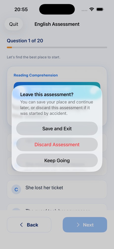 Leave this assessment dialogue offering Save and Exit, Discard or Keep Going