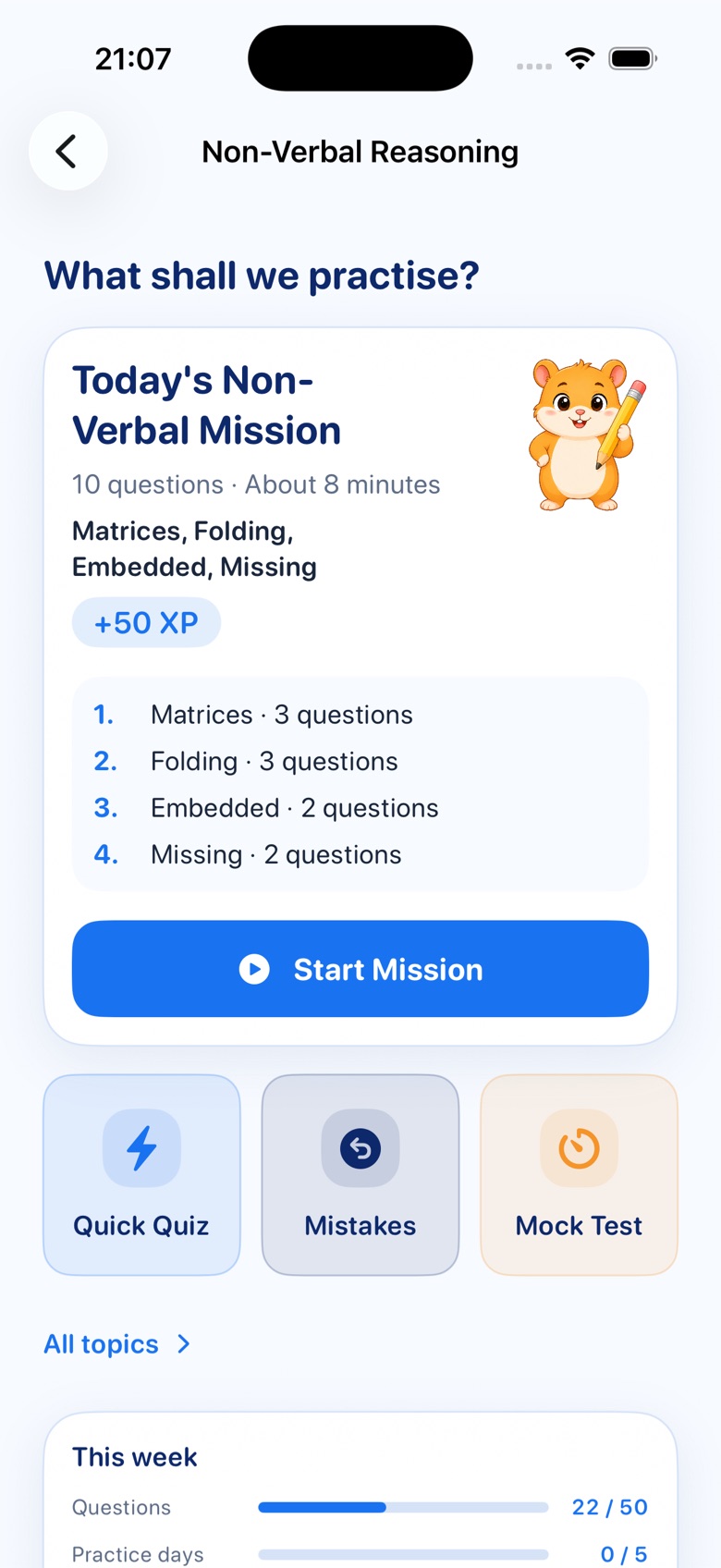 Today's Non-Verbal Mission screen with topics and XP