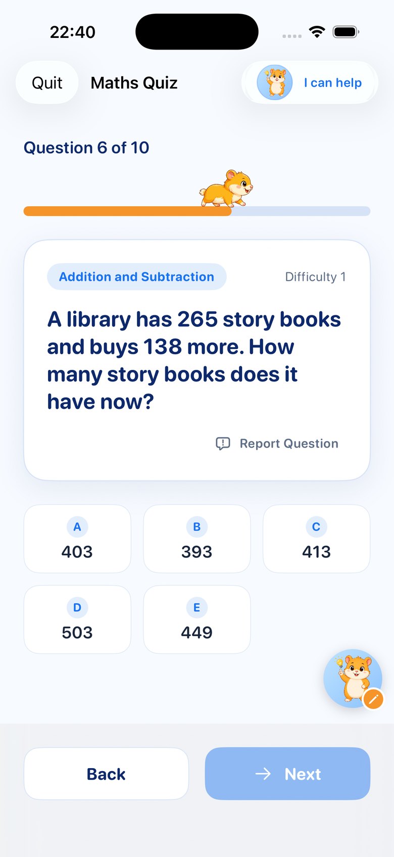 Question screen with the I can help Taco button and the notepad button