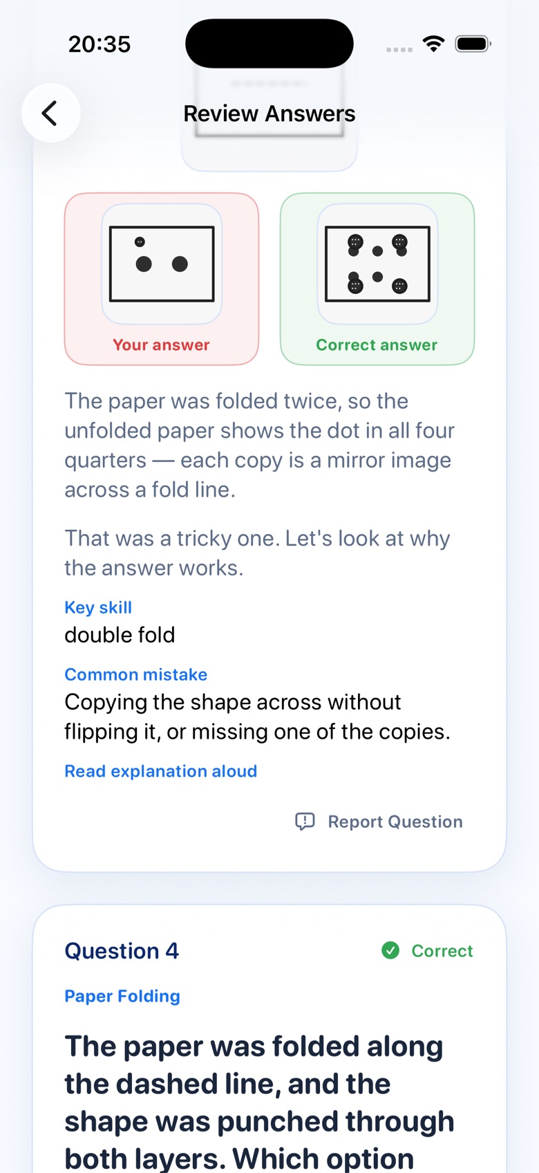 Review Answers screen showing the child's answer beside the correct answer with diagrams