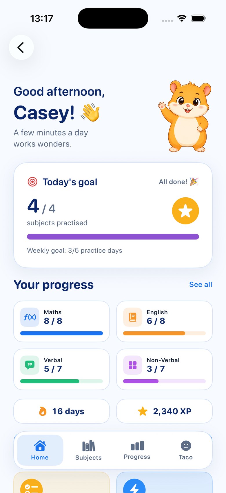 The child's home screen: today's goal complete, all four subjects, a 16-day streak and 2,340 XP