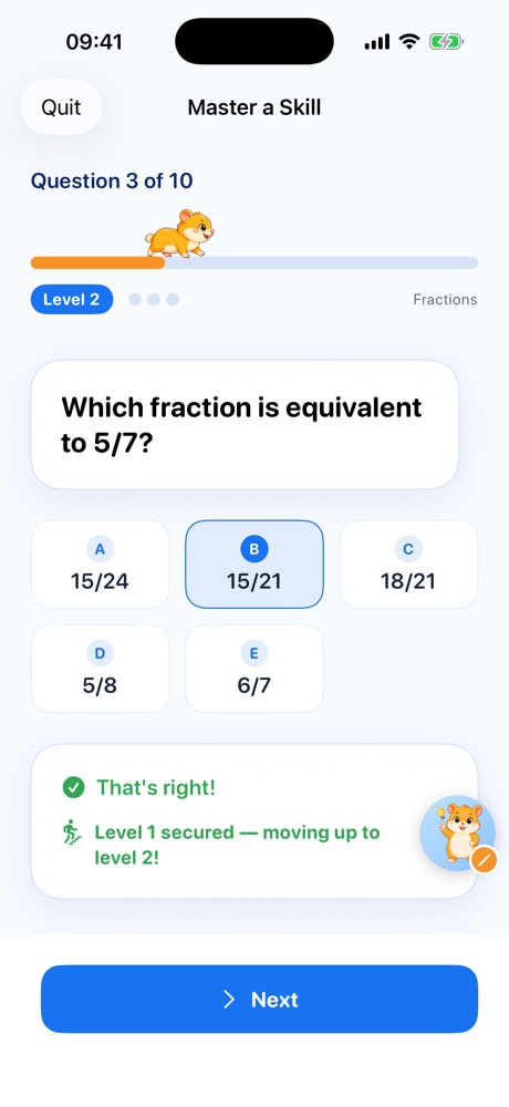 Master a Skill: a fractions question answered correctly, with level 1 secured and the child moving up to level 2