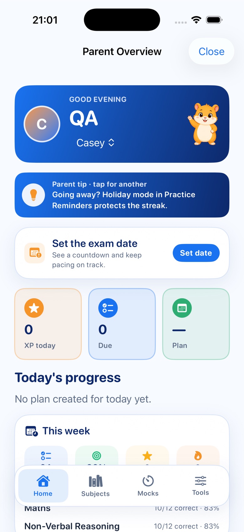 Parent Overview screen with today's snapshot and tips