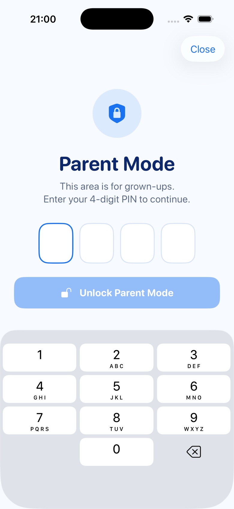 Parent Mode PIN entry screen