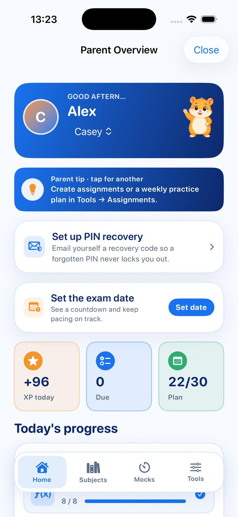 PIN-protected Parent Overview with today's XP, plan progress and parent tips