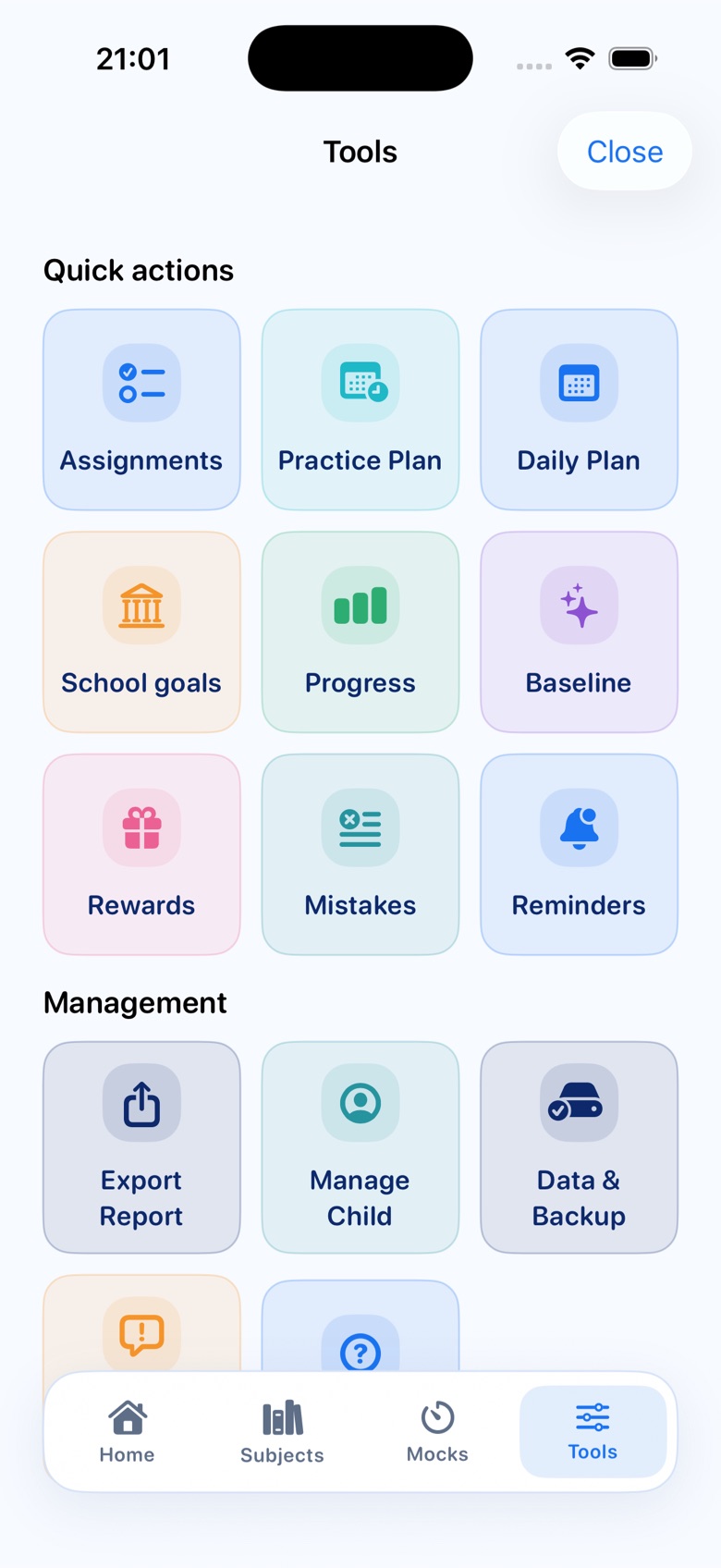 Parent Tools screen showing quick actions and management tiles