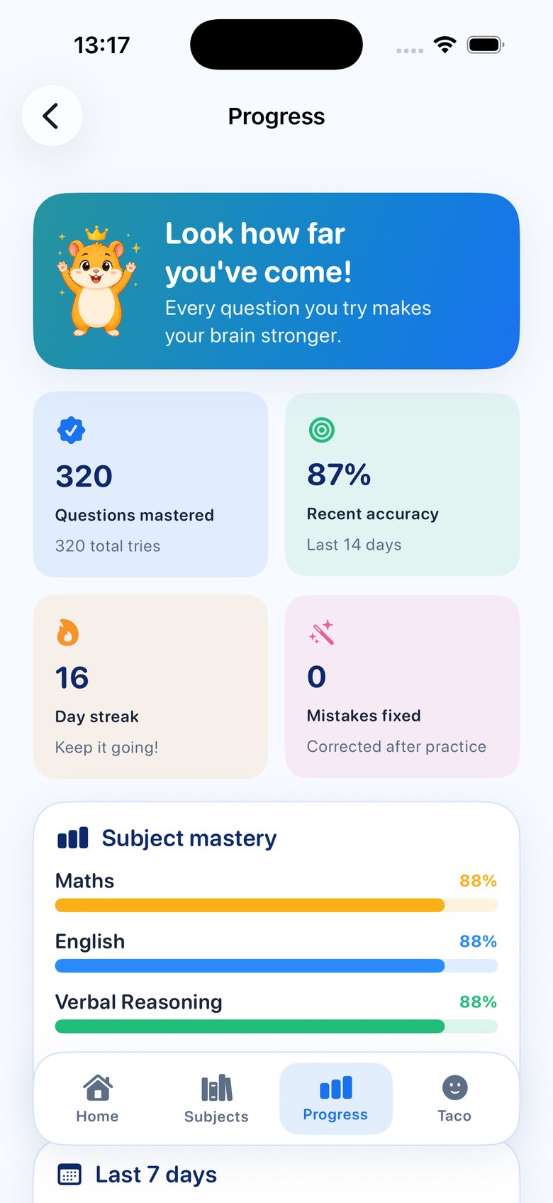 Progress screen: 320 questions mastered, 87% recent accuracy, 16-day streak and subject mastery bars