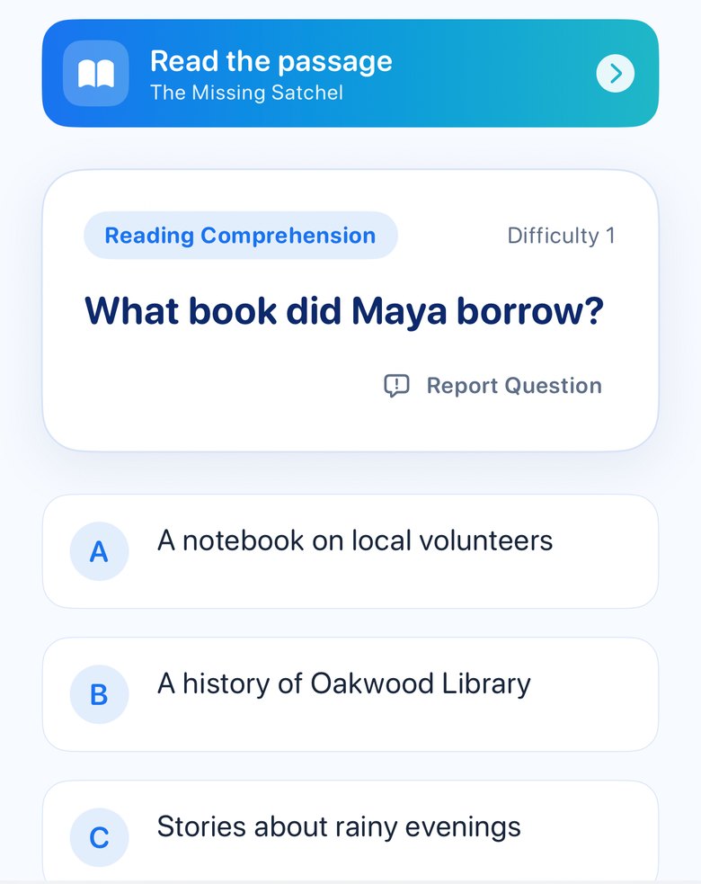 English comprehension question with a Read the passage banner for The Missing Satchel