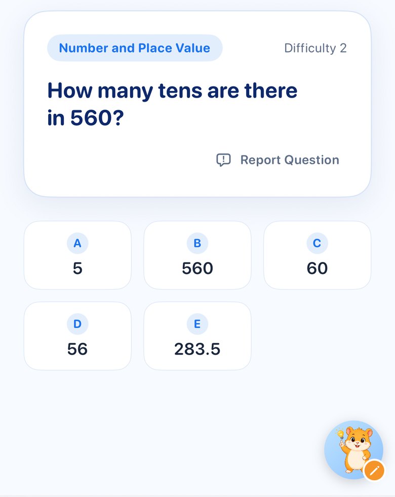 Maths question — how many tens in 560 — with five answer options and Taco's help bubble