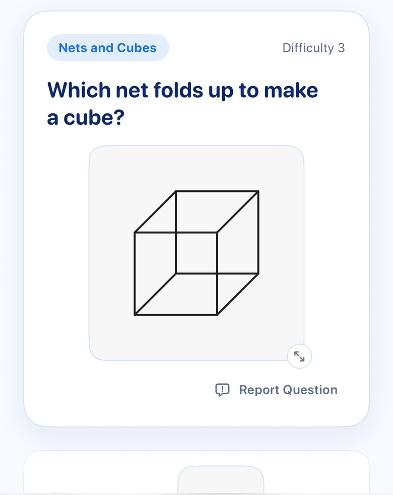Non-Verbal Reasoning question — which net folds up to make a cube — with a zoomable diagram