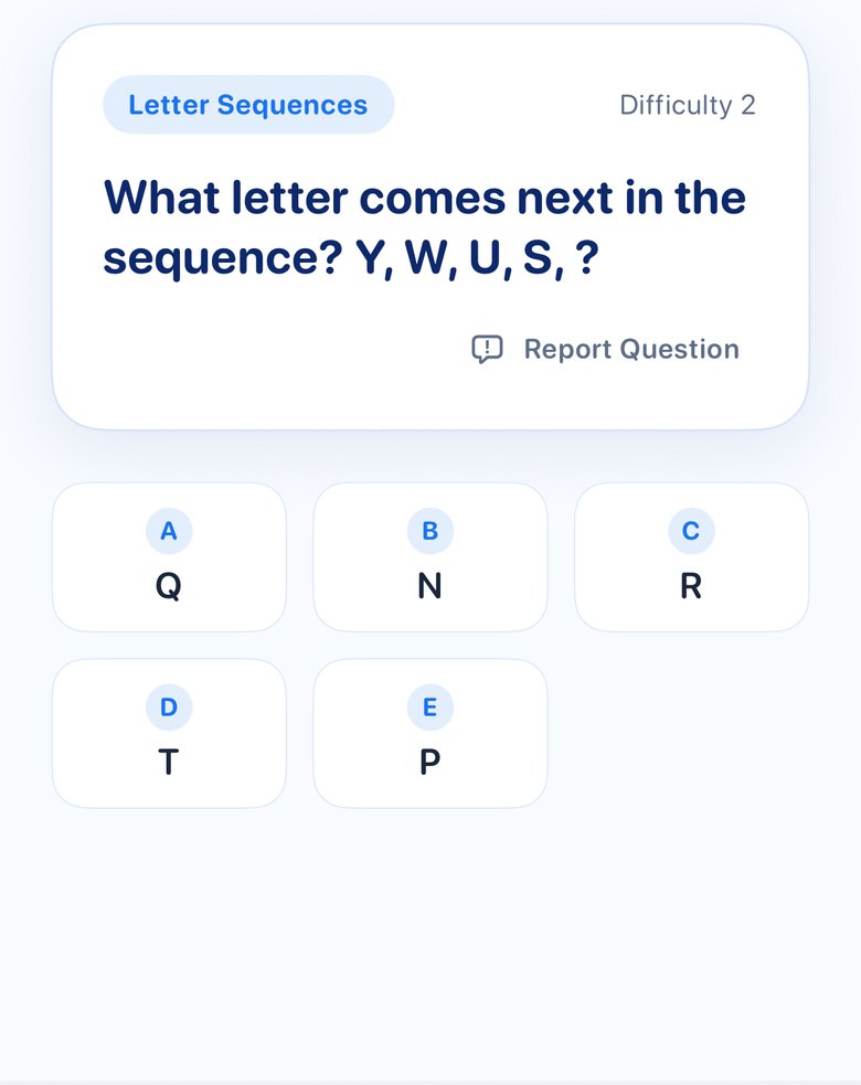 Verbal Reasoning letter sequence question — what letter comes next — with five options