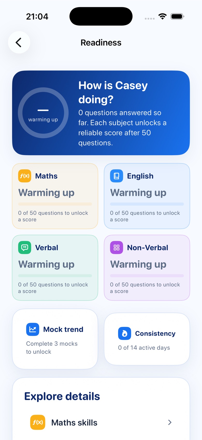 Readiness screen showing per-subject progress states