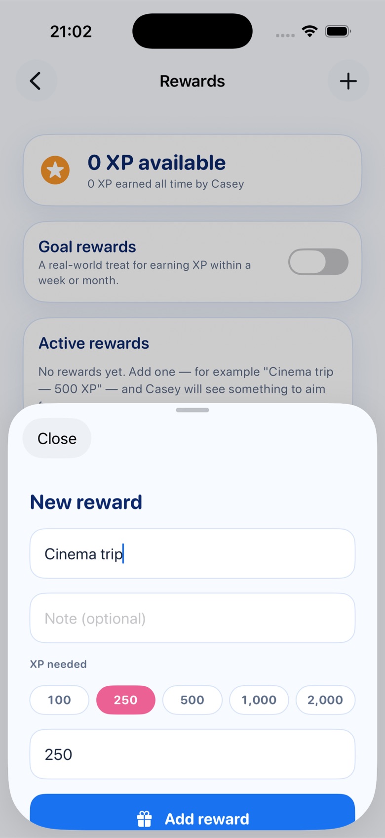 New reward sheet with name and XP target
