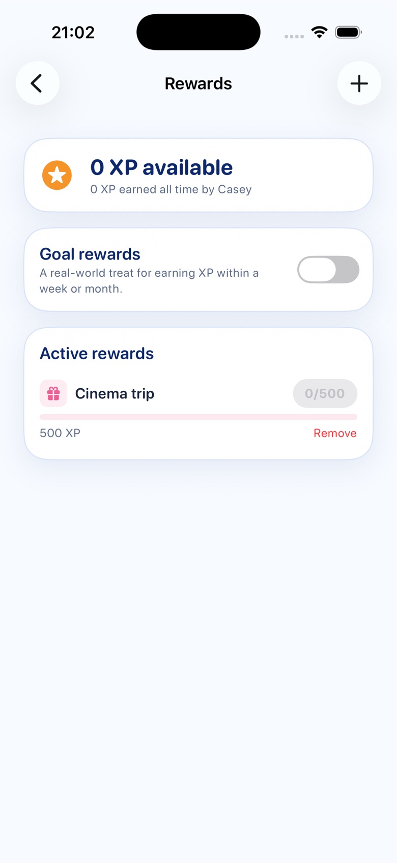 Active rewards list showing Cinema trip at 0 of 500 XP