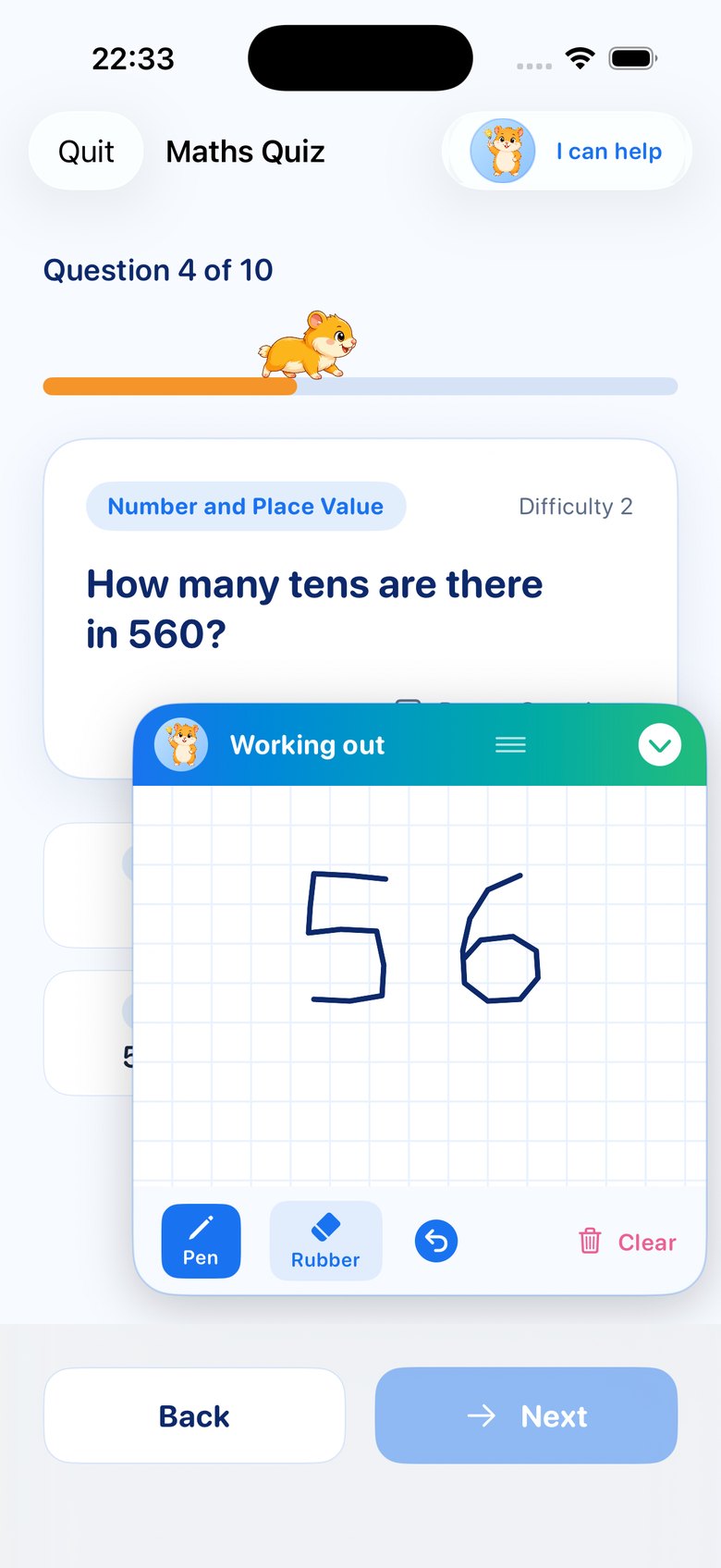 Maths question with the squared-paper working-out notepad open and 56 drawn on it