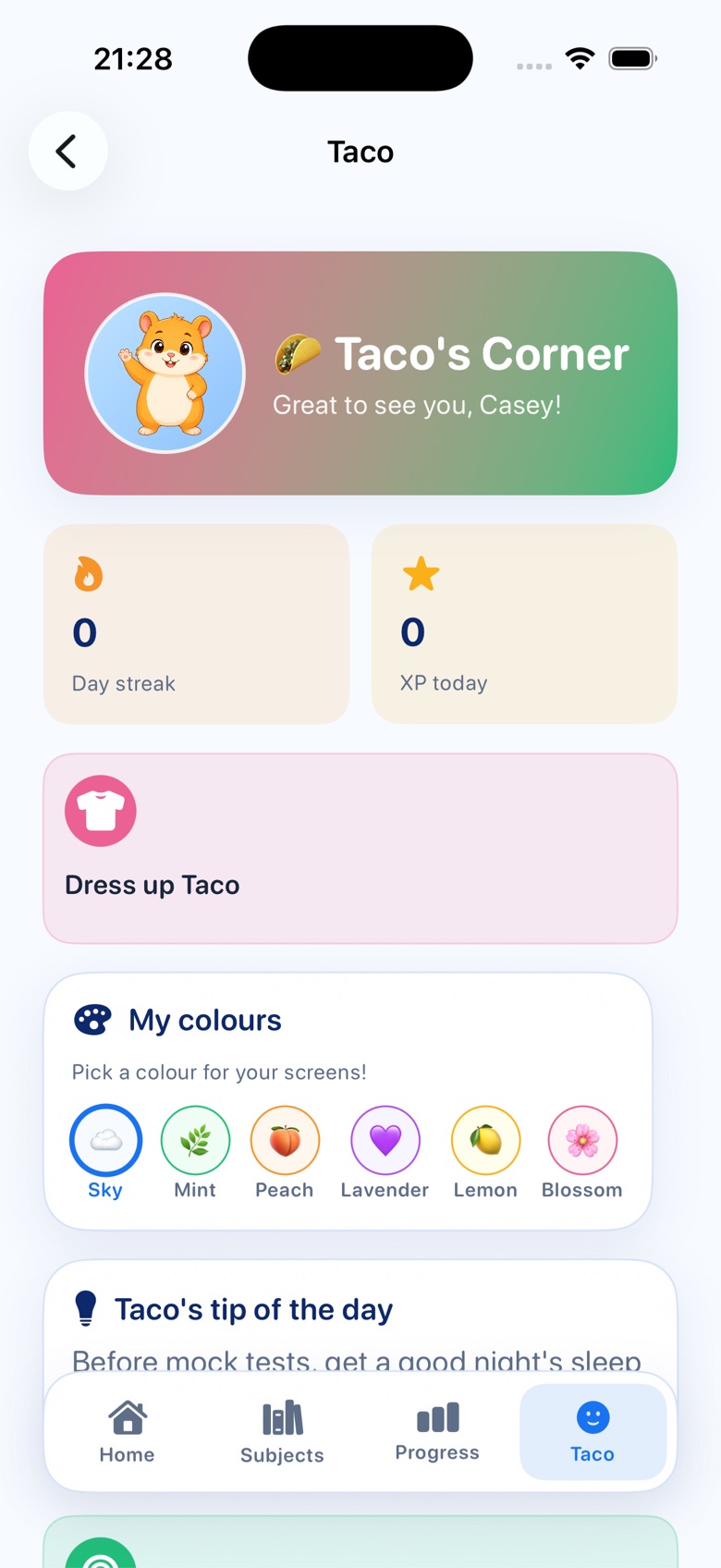 Taco's Corner with streak, XP, Dress up Taco and My colours