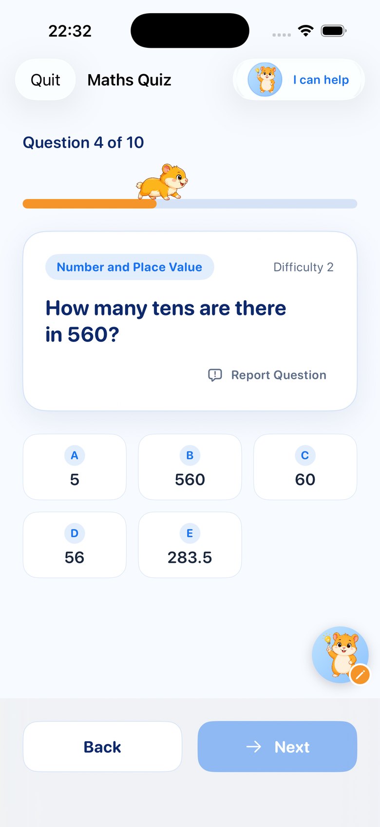 Maths question screen with Taco walking along the progress bar at question 4 of 10
