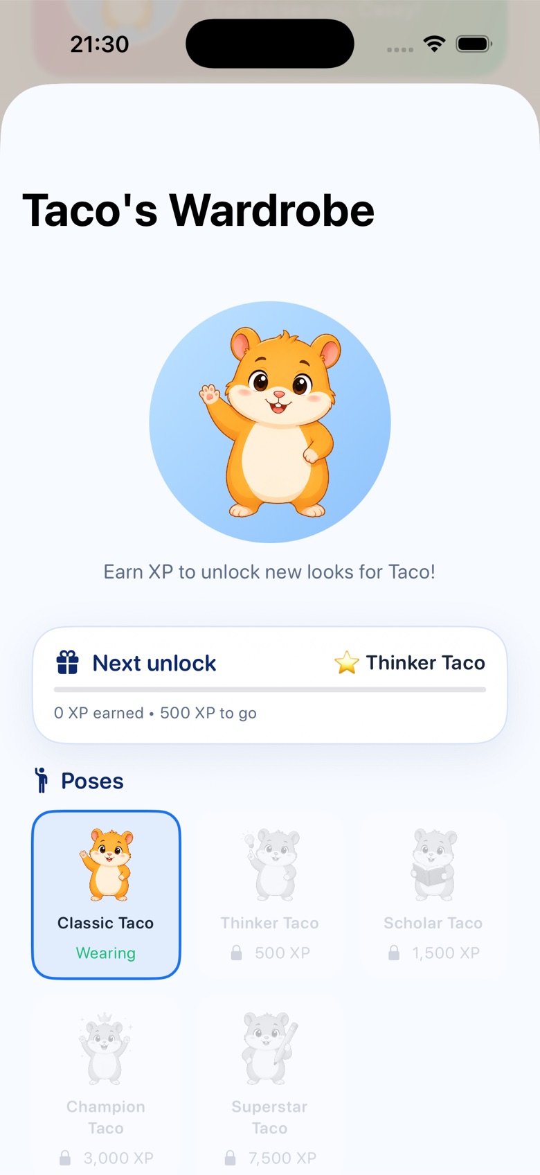 Taco's Wardrobe showing the next unlock and locked poses