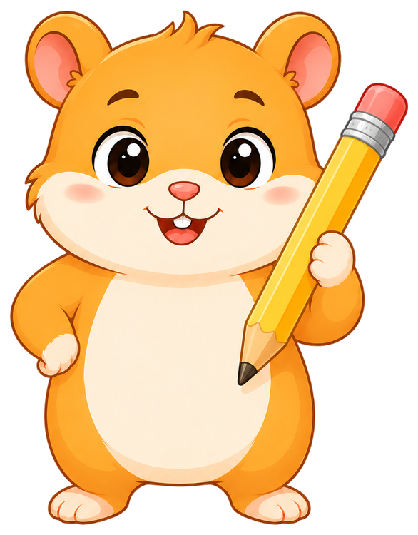 Taco the hamster holding a pencil